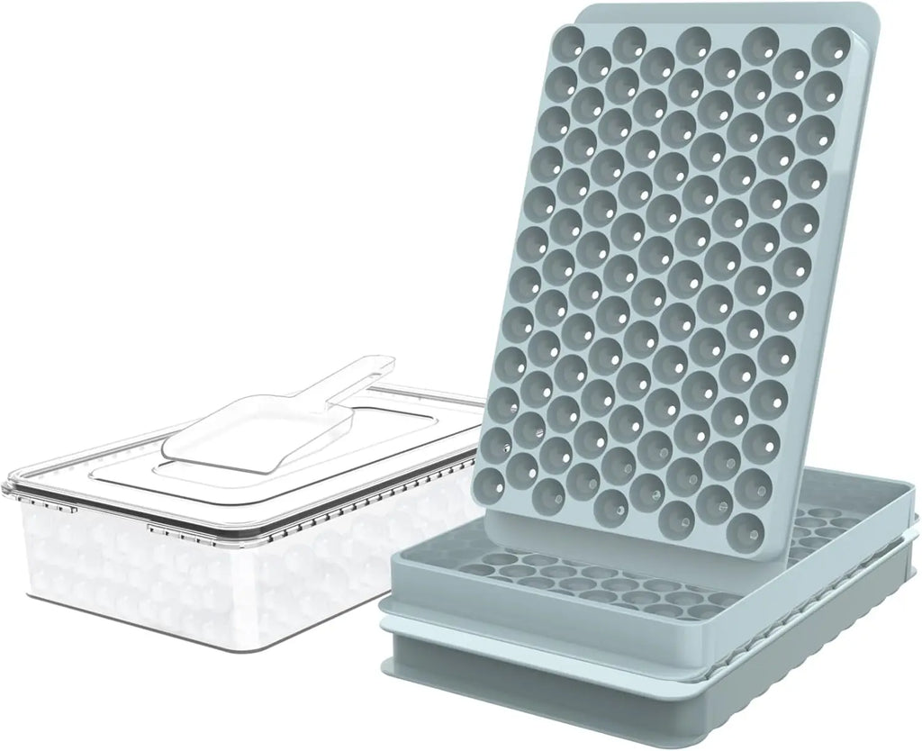 Mini Ice Cube Trays, 0.55" Tiny Pebble Ice for Iced Coffee & Cocktails, Fast Chill, Easy Twist Release, Stackable with Lid & Storage Bin (2 Pack, Blue)