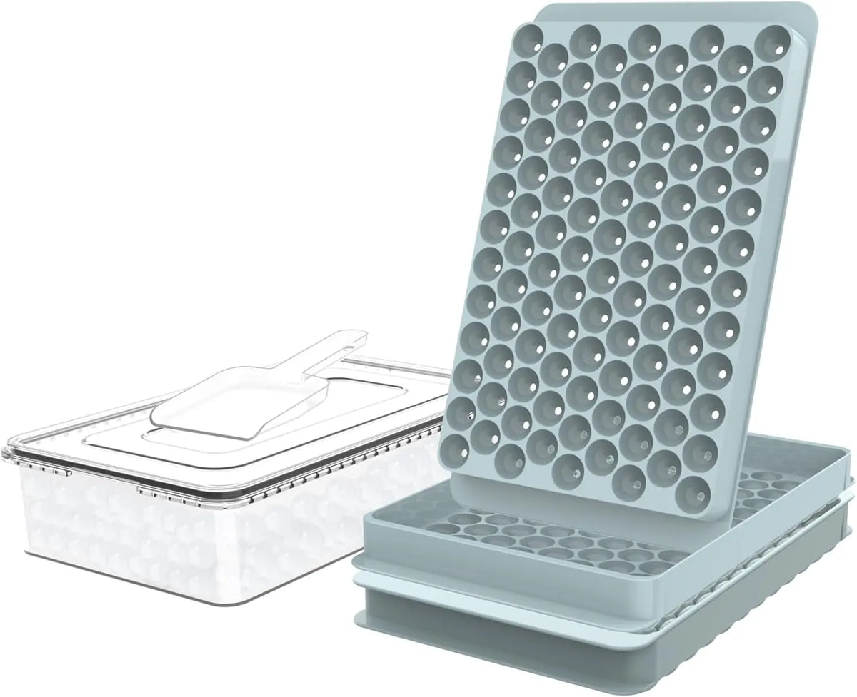 Mini Ice Cube Trays, 0.55" Tiny Pebble Ice for Iced Coffee & Cocktails, Fast Chill, Easy Twist Release, Stackable with Lid & Storage Bin (2 Pack, Blue)