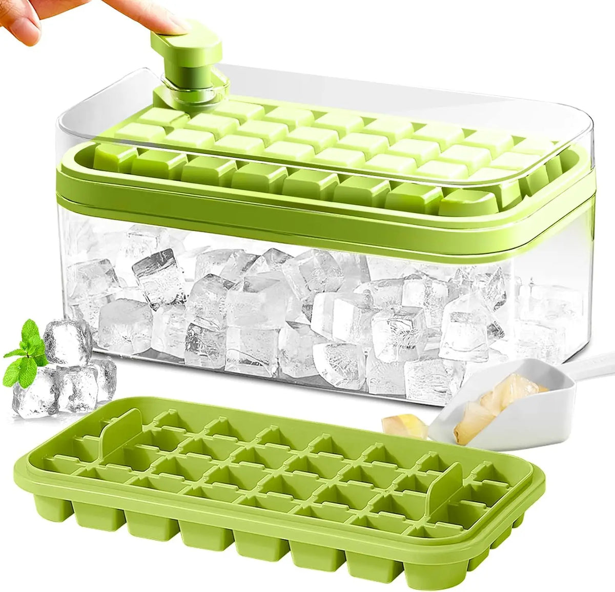 Ice Cube Tray with Lid and Bin, 2 Pack Ice Cube Trays for Freezer, 64 Pcs Ice Cube Mold, Press Button Easy Release Ice Tray, Small Ice Cubes Maker for Drinks(Green)