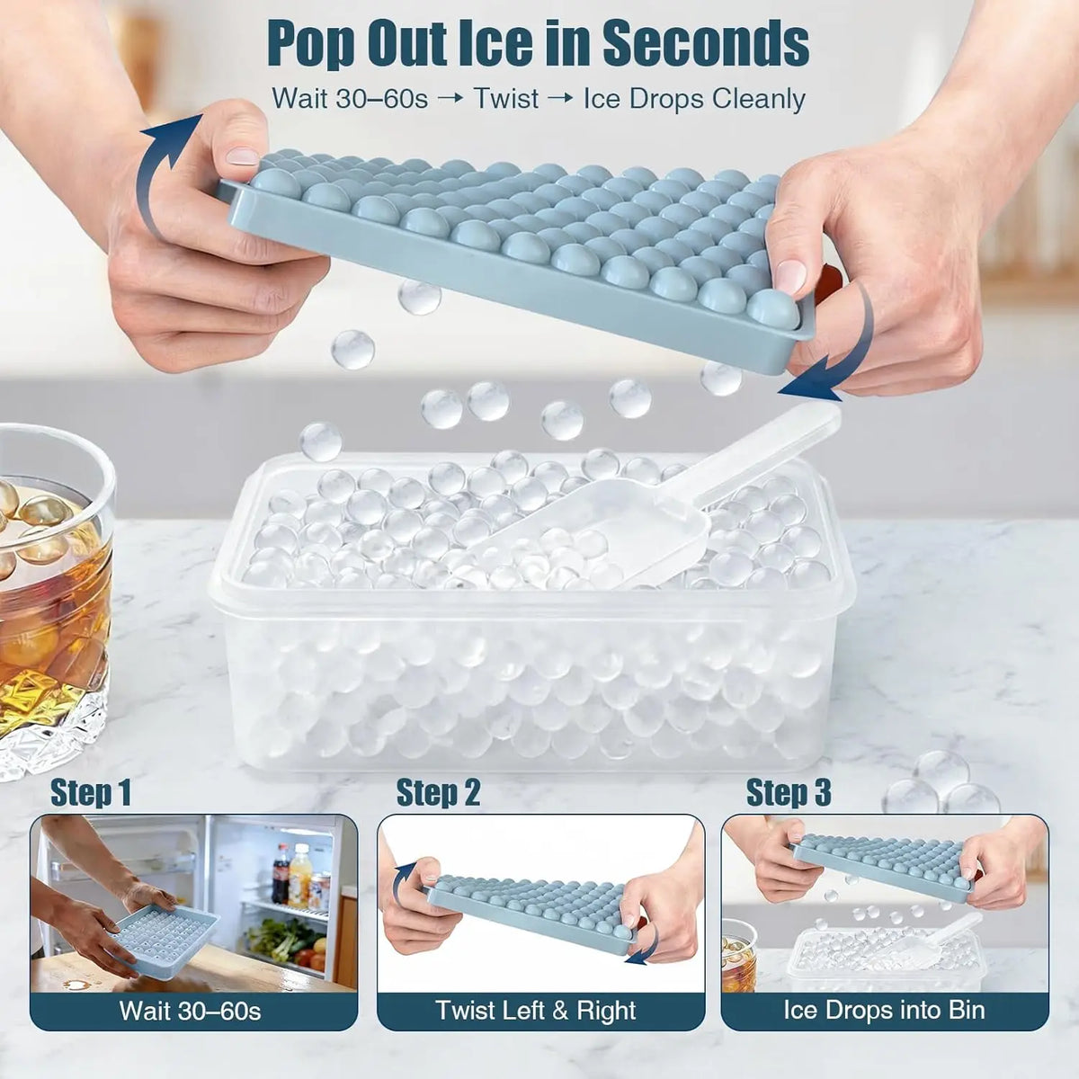 Mini Ice Cube Trays, 0.55" Tiny Pebble Ice for Iced Coffee & Cocktails, Fast Chill, Easy Twist Release, Stackable with Lid & Storage Bin (2 Pack, Blue)