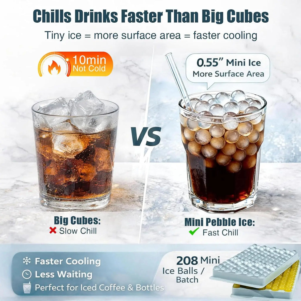 Mini Ice Cube Trays, 0.55" Tiny Pebble Ice for Iced Coffee & Cocktails, Fast Chill, Easy Twist Release, Stackable with Lid & Storage Bin (2 Pack, Blue)